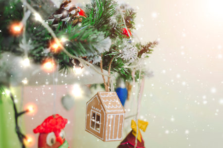 Christmas baubles, New Year celebration. Decorated Christmas tree, Holiday scene. Place for text, copyspace.の写真素材