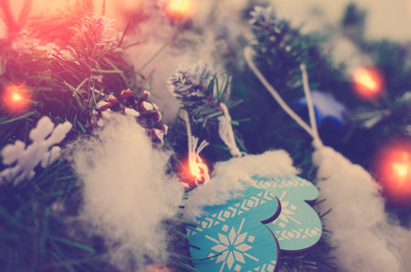 Merry Christmas and happy new year concept, Close up, Elegant Christmas tree in decoration with garland lights.の写真素材