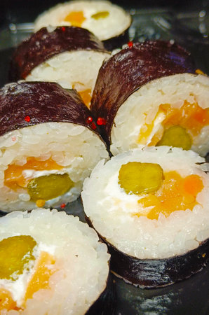 vegetarian sushi roll. Close-up, selective focus.の写真素材