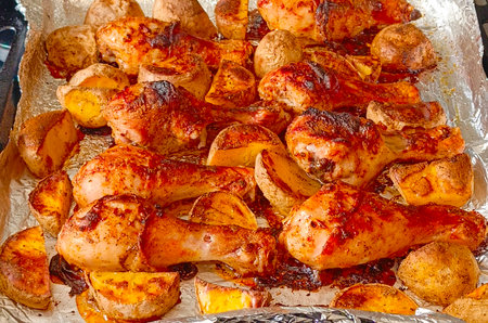 Baked chicken with potatoes. Delicious homemade food.の写真素材