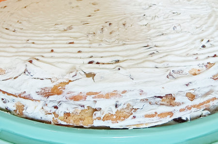 Homemade cream pie, close-up. Cook at home.の写真素材