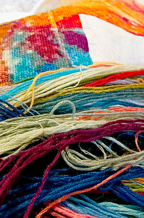 background from multi-colored threads, embroidery flossの写真素材