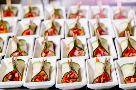 Tuna tataki with vegetables and sauce. Close-up, selective focus.