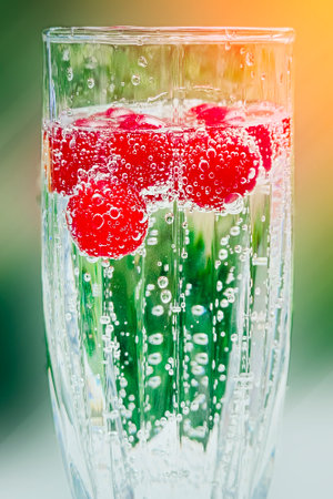 Glass of berry cocktail or drink soda with fresh berries Cherry.の写真素材