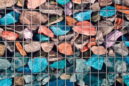 Fence from multi-colored stones gabon. Close-up.の写真素材