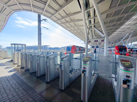 Sochi, Russia - May 9, 2024: Turnstiles with electronic card readers on the station platform at the railway station in Adler Sochi.の写真素材