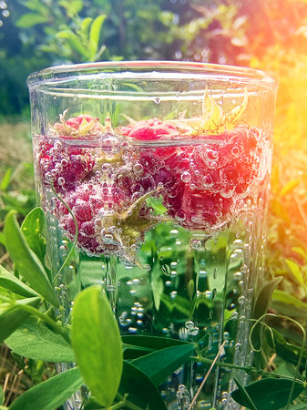 fresh cold drink water raspberry, on a natural background.の写真素材