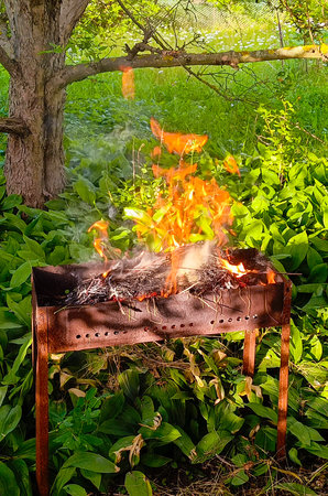 Burning in the grill in a country house. Vertical photo.