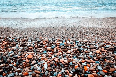 Waves breaking on the multicolored sea pebbles Black Sea coast. Beautiful natural background.の写真素材