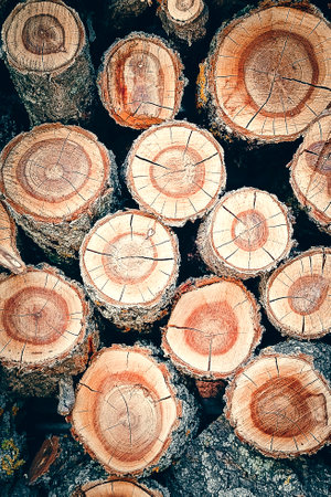 Logs stacked on the top of each other. Vertical photograph.の写真素材