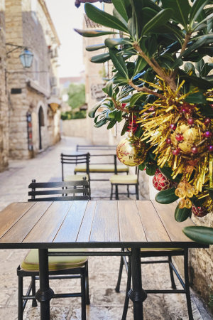 Tropical tree with Christmas decorations in street cafe. Beautiful view, Italy. Vertical photo.の写真素材