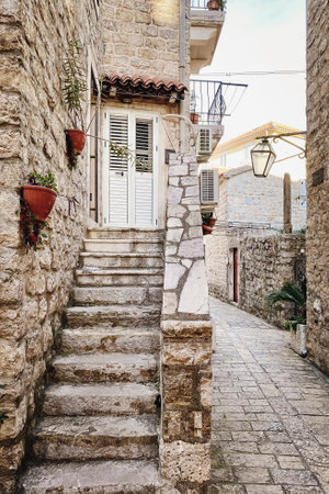 Traditional architecture in the old town in Montenegro. Vertical photograph.の写真素材