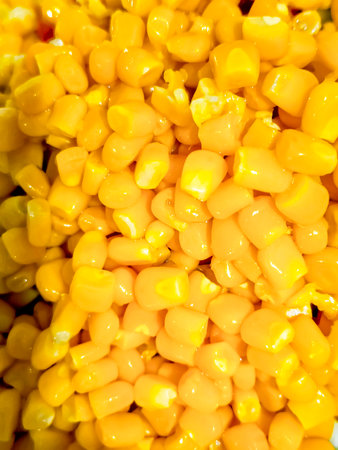 Yellow canned corn close-up. Vertical photo.の写真素材