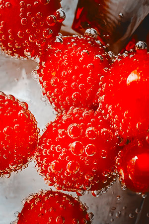 A lot of red ripe cherries close up with water drops. Vertical photo.の写真素材