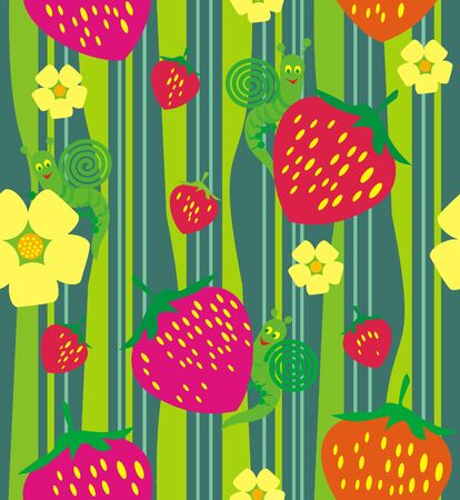 Strawberry and flowers. A seamless pattern of Red strawberry and flowers in green grass and snail on a green background.のイラスト素材