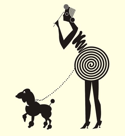 Lady  and dog. Vector drawing with lady in dress formed spiral and a fun dog on a leash.のイラスト素材