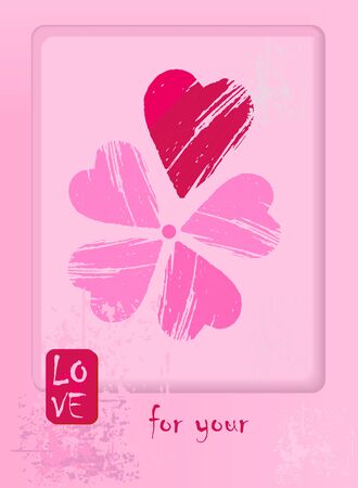Postcard for Valentin day with flower which has a petals from a hearts in pink, purple and red on a pink backgroundのイラスト素材