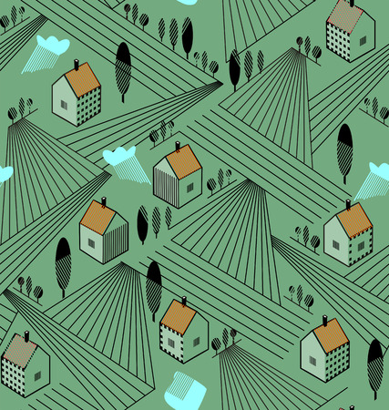 Rural landscape with houses and agriculture fields in red, blue and gray colors  pattern.のイラスト素材