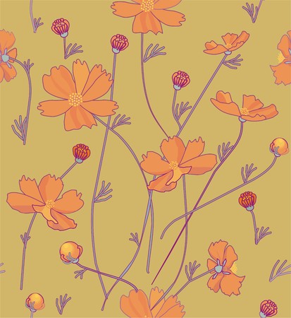 Orange cosmos flowers in orange, green, yellow and purple a seamless pattern on a beige background.のイラスト素材
