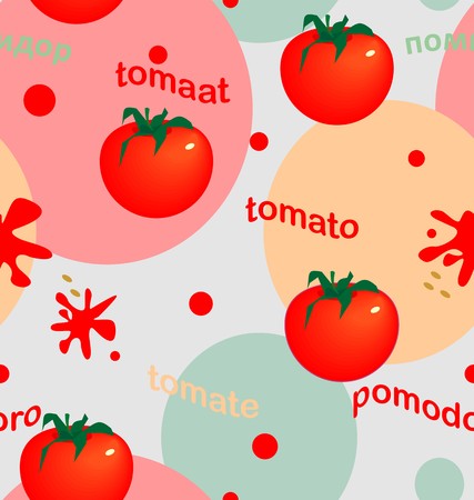 Bright tomatoes on colored circles in red, green, pink, beige colors a seamless pattern on a white background.のイラスト素材