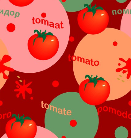 Bright tomatoes on colored circles in red, green, pink, beige colors a seamless pattern on a dark red background.のイラスト素材