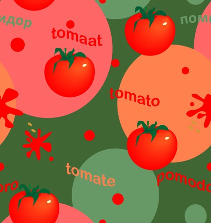 Bright tomatoes on colored circles in red, green, pink, beige colors a seamless pattern on a green background.のイラスト素材