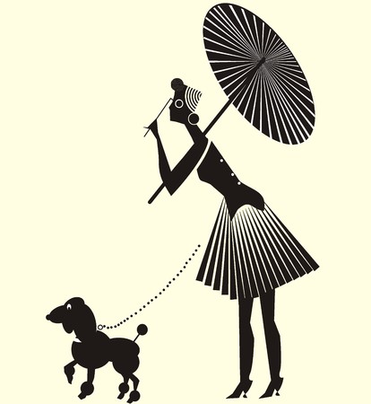 Lady in dress formed spiral folds with dog. Vector drawing with lady with dress formed spiral folds with umbrella and a fun dog on a leash.のイラスト素材