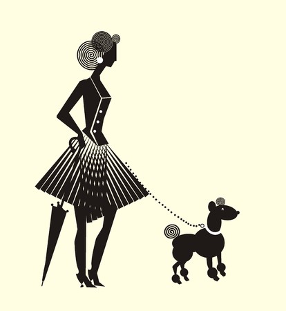 Lady in dress formed vertical folds with dog. Vector drawing with lady with dress formed vertical folds with umbrella and a fun dog on a leash.のイラスト素材