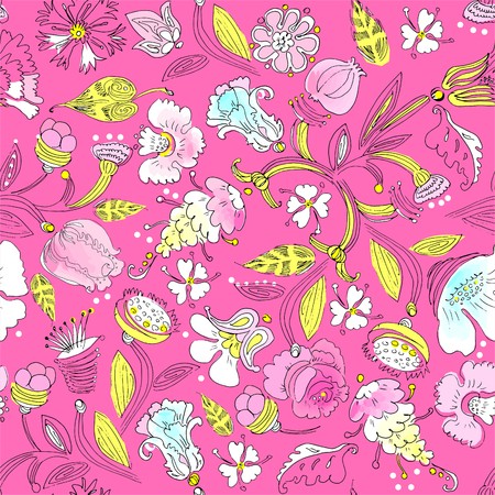 Traditional floral ornament in pink, white, blue, yellow and black colors the seamless pattern on pink background.のイラスト素材