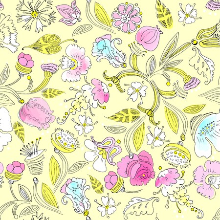 Traditional floral ornament in pink, white, blue, yellow and black colors the seamless pattern on light yellow background.のイラスト素材
