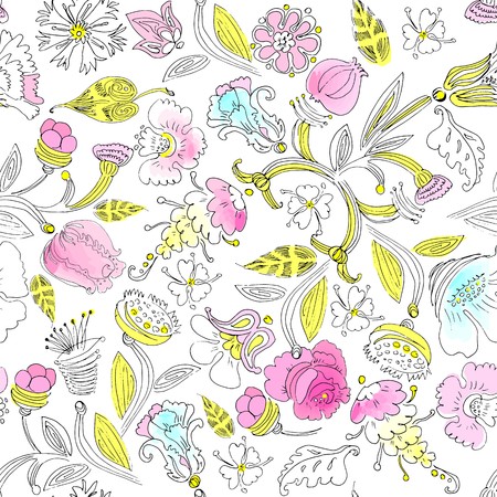 Traditional floral ornament in pink, white, blue, yellow and black colors the seamless pattern on white background.のイラスト素材