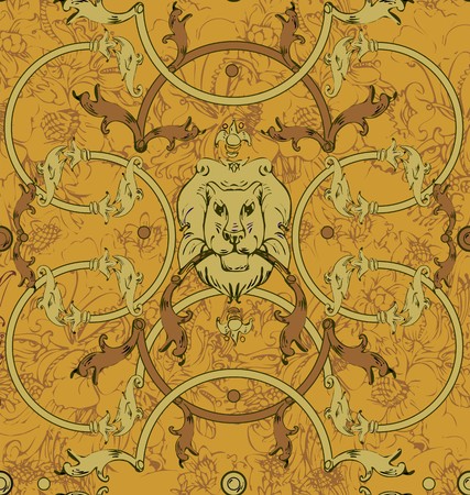 Decorative lattice with a lion in classic style in gray, gold a seamless pattern on a gold background.のイラスト素材