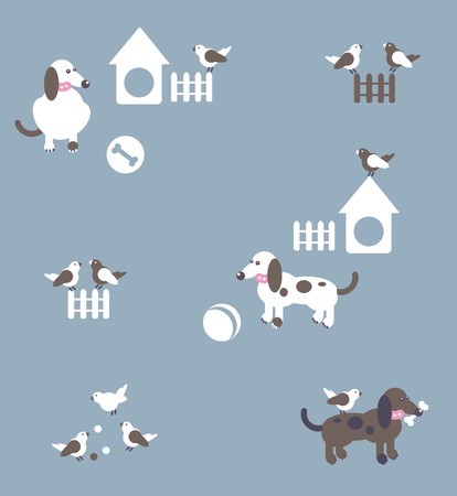 Dogs, birds with balls, fences and kennels in gray, white and brown an illustration and a seamless pattern on a gray background.のイラスト素材