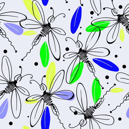 Dragonflies in flight with iridescent wings in pink, blue, yellow, green, purple and black colors seamless pattern on white background.のイラスト素材