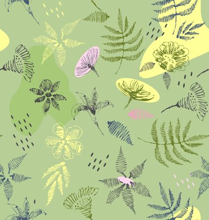Drawing of a fern leaves and flowersのイラスト素材