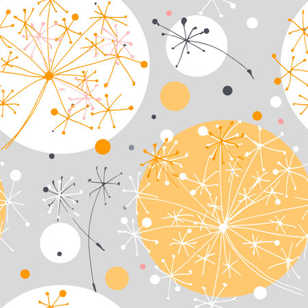 Dandelions flowers with circles hand drawn in blue, pink and white colors seamless pattern on blue...
