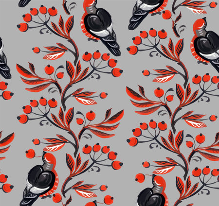 Bullfinches on rowan brancheのイラスト素材