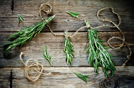 rosemary on a dark wood background. toning. selective focus on the little bundleの写真素材