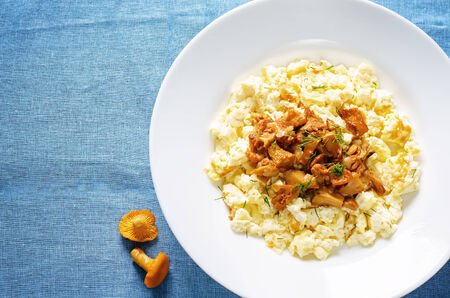 scrambled eggs with fried chanterelles on a blue background. tinting. selective focus on chanterellesの写真素材