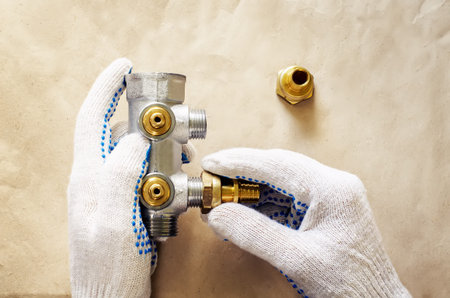 plumber at work with tools plumbing on a light woody background. tinting. selective focus