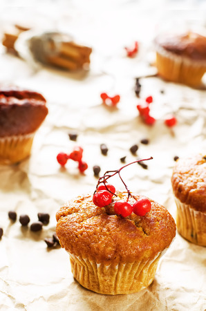 muffins with cinnamon and chocolate chips on a light woody background. tinting. selective focus on the middle of the muffinの写真素材