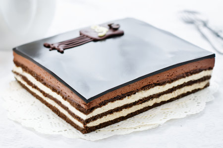 Opera cake on a white background. tinting. selective focus