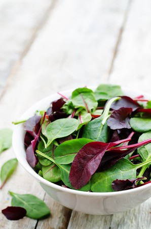 mix salad Romaine, arugula, spinach, mizuna, chard, oak salad on a white wood background. tinting. selective focusの写真素材