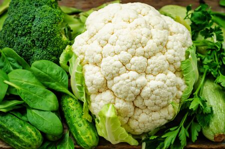 green vegetables: zucchini, cucumber, spinach, cauliflower, broccoli and parsleyの写真素材