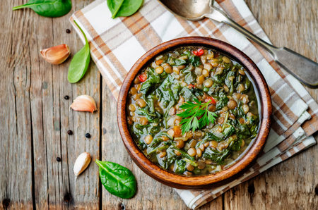 Lentil spinach soup on a dark wood background. the toning. selective focusの写真素材