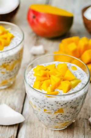 coconut mango Chia seed pudding. the toning. selective focusの写真素材