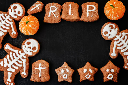 food background with cookies in the form of monsters for Halloween. the toning. selective focusの写真素材