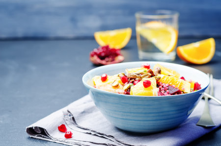 Quinoa chilantro beet pistachio pomegranate salad. toning. selective focusの写真素材