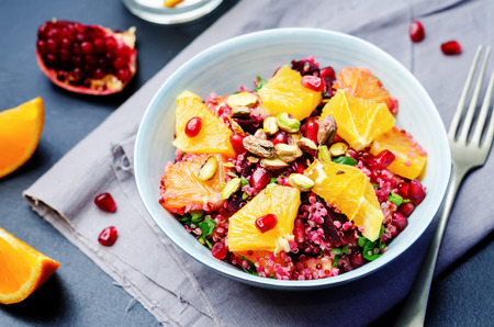 Quinoa chilantro beet pistachio pomegranate salad. toning. selective focusの写真素材