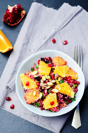 Quinoa chilantro beet pistachio pomegranate salad. toning. selective focusの写真素材